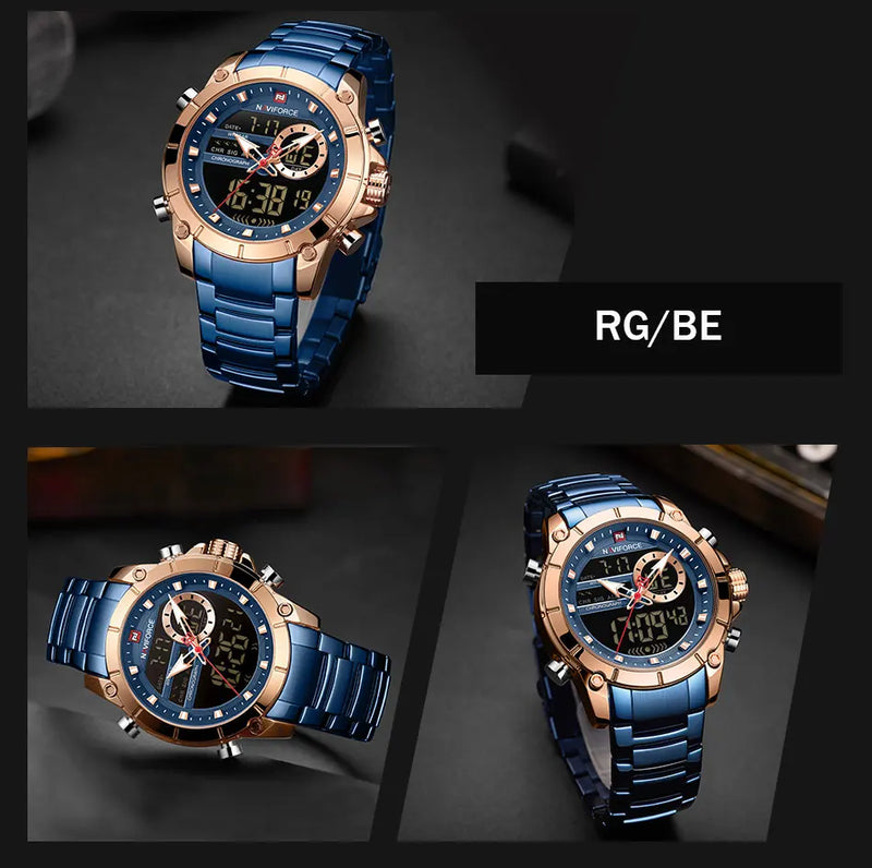 NAVIFORCE-Relógio de pulso esportivo original masculino, quartzo, aço, impermeável, display duplo, militar, luxo, top