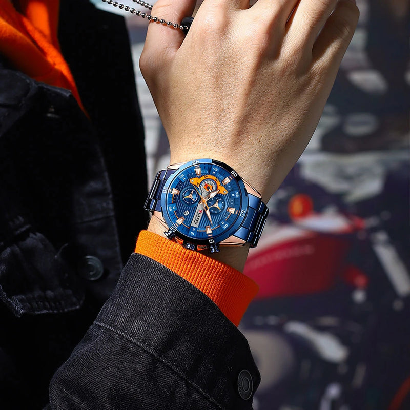 Curren relógios de aço inoxidável para homens, moda criativa, mostrador luminoso com cronógrafo, relógios de pulso casuais masculinos.