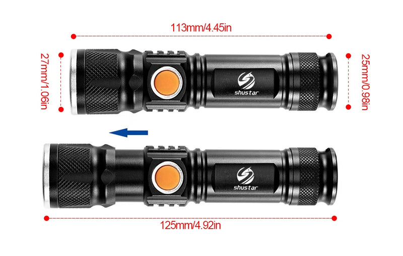 Poderosa Lanterna LED com Cabeça de Carregamento USB, Tocha Impermeável, Luz Portátil, Bateria Embutida, Zoomable, 3 Modos de Iluminação