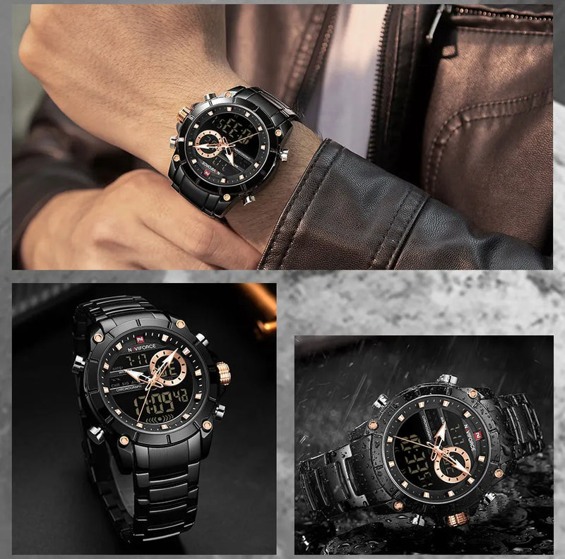 NAVIFORCE-Relógio de pulso esportivo original masculino, quartzo, aço, impermeável, display duplo, militar, luxo, top