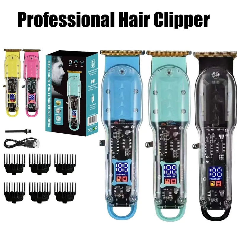 T9 Recarregável Hair Clippers para Homens, Transparente Clippers Profissionais, Aparadores Elétricos, Máquina de Corte de Cabelo Sem Fio