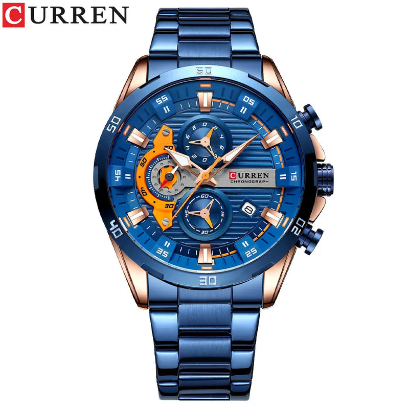 Curren relógios de aço inoxidável para homens, moda criativa, mostrador luminoso com cronógrafo, relógios de pulso casuais masculinos.