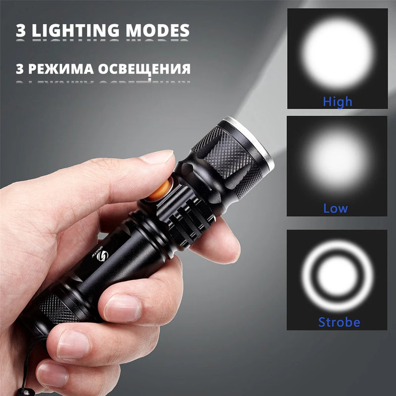Poderosa Lanterna LED com Cabeça de Carregamento USB, Tocha Impermeável, Luz Portátil, Bateria Embutida, Zoomable, 3 Modos de Iluminação